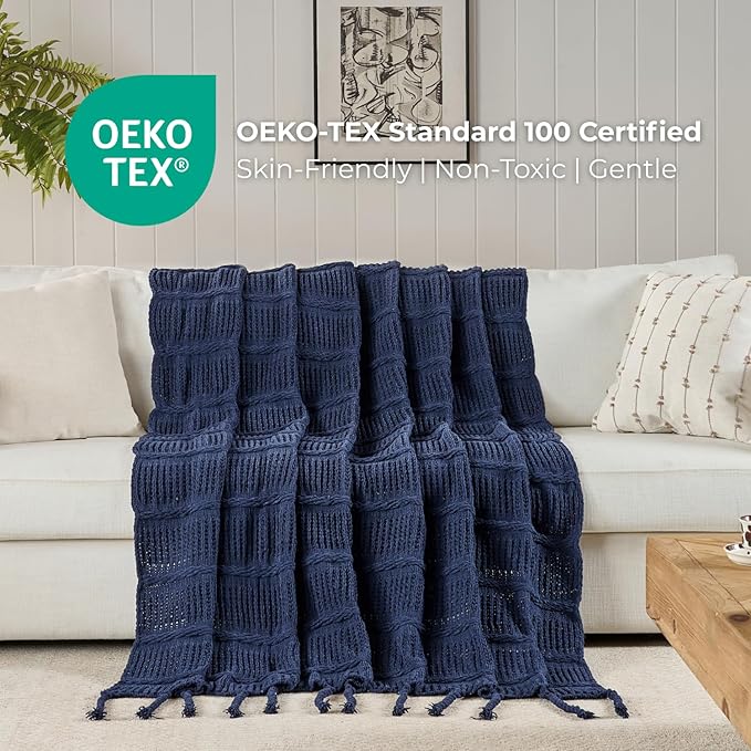 Boho Knitted Chenille Blanket with Tassels - Lightweight & Soft All-Season Throw - 3D Classic Pattern for Living Room Bedroom Couch, Royal Blue, King 90"x108"
