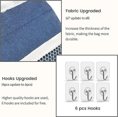 Kanrichu 2pcs Middle Wall Hanging Organizer Bag, Linen Fabric Door Hanging Storage Basket with Pockets, Waterproof Bin for Kitchen, Bedroom, Office, RV Camper (Blue)