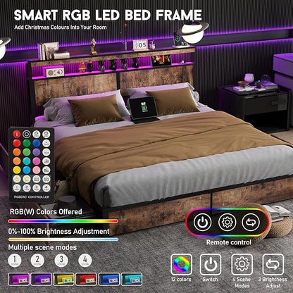 King Size Bed Frame with 4 Storage Drawers and Headboard with Charging Station and LED Lights,2 Tier Solid Wood Headboard Storage,Noise Free,Easy Assembly, Vintage Brown