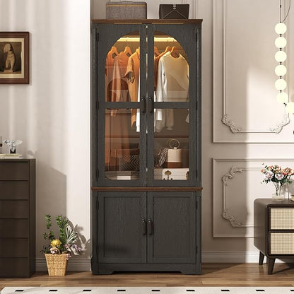 Tall Farmhouse 2 Doors Armoire Wardrobe Closet with LED ,72" Freestanding Arched Wardrobe Closet Cabinet for Bedroom w Glass Doors,Wooden Clothing Storage Cabinet,Closets for Bedroom(Black)