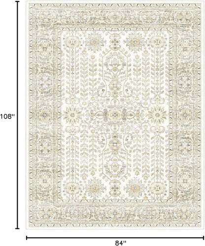 7x9 Area Rugs for Living Room,Thin Washable Rug, Non-Slip Foldable Area Rug for Bedroom, Dining Room, Home Office, Cream