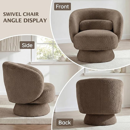 Swivel Accent Chair, Modern 360 Degree Swivel Barrel Chair with Arms & Curved Back and Lumbar Support Cushion, Comfy Round Single Boucle Sofa for Small Space, Living Room, Bedroom, Brown