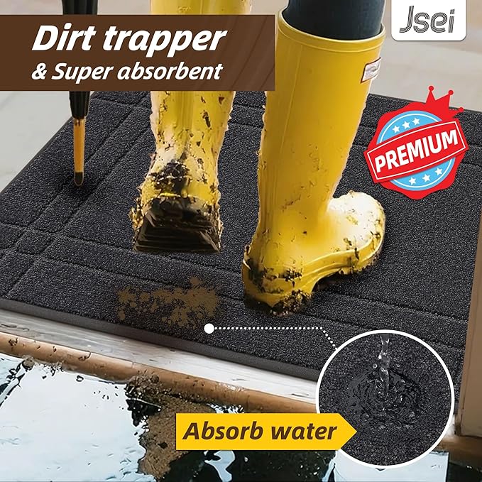 JSEI Entryway Rugs Doormat 24"x36", Non-Slip Dirt Trapper Door Mats Indoor, Washable Absorbent and Stain Resist Welcome Floor Mat for Front Door, Dog Door Mat, Muddy Wet Shoes & Paws, Dark Grey