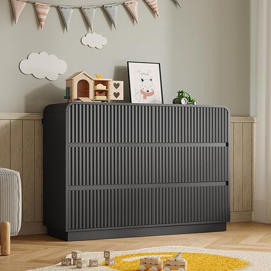 Dresser for Bedroom with 6 Drawers, Fluted Chest of Drawers with Round Curved Corner, Hidden Handles, Modern Wood Storage Organizer for Bedroom, Nursery, Living Room