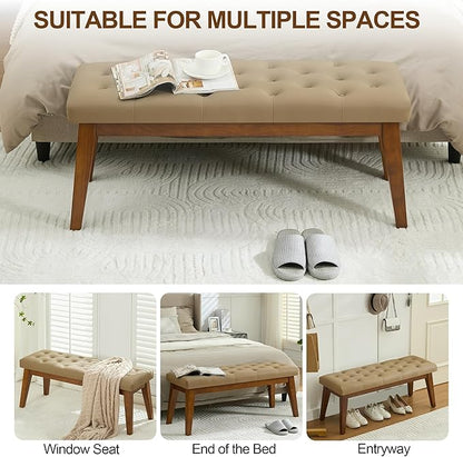 43.5'' Faux Leather Bedroom Bench, Upholstered End of Bed Bench with Tufted Button, Padded Vintage Dining Bench, Entryway Bench with Solid Wood Legs, Kitchen, Living Room, Hallway, Light Brown Tufted