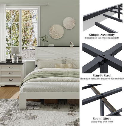Queen Size Farmhouse Wooden Bed Frame with Headboard, Boho Platform Bedframe Sturdy Metal Slats Support, Spring Needed, Noisy Free, Easy Assembly (Queen, White)
