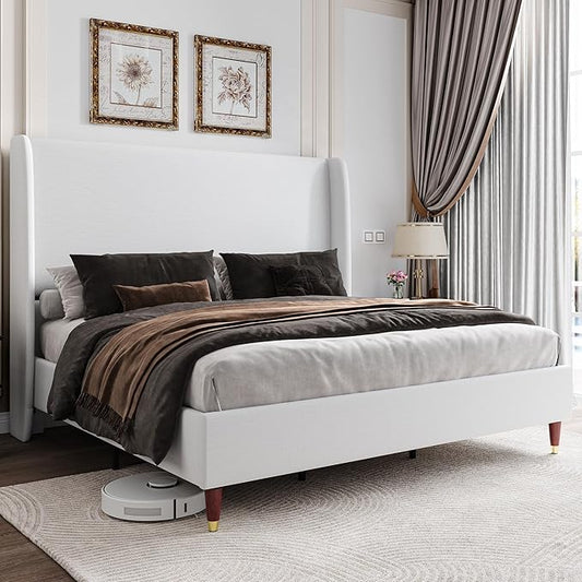 Jocisland King Upholstered Platform Bed Frame with 51.2" Tall Wingback Headboard–Solid Wood Legs, No Box Spring Needed, White Linen–Modern Style for Any Bedroom