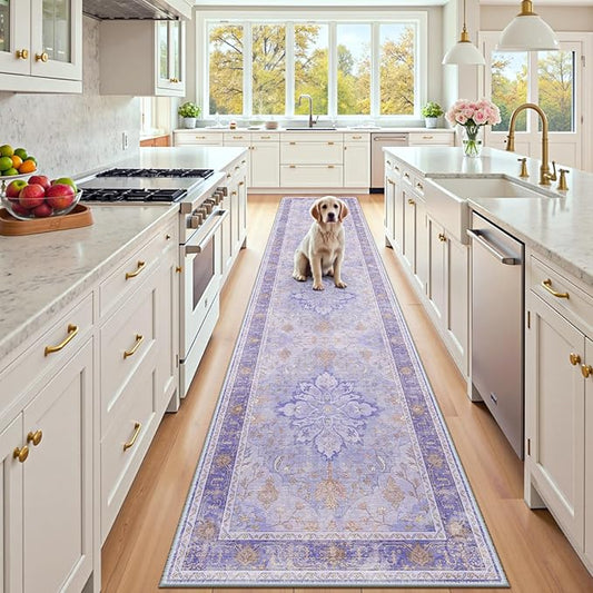 Area Rugs 2'x10' Washable Non-Slip, Floral Vintage Distress Print Pattern Medallion Carpet for Living Room Bedroom Dining Room, Light Purple Brown
