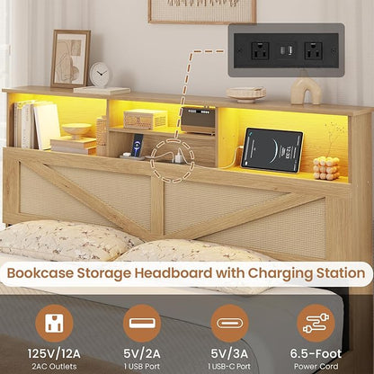 VIAGDO Rattan Bed Frame Full Size with Bookcase Storage Headboard, Charging Station and LED Lights, Wooden Full Bed Frame with 4 Drawers, Barn Door Design, No Box Spring Needed, No Noise, Natural