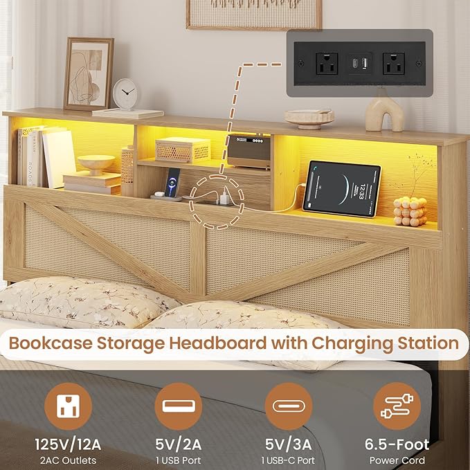 VIAGDO Rattan Bed Frame Queen Size with Bookcase Storage Headboard, Charging Station and LED Lights, Wooden Queen Bed Frame with 4 Drawers, Barn Door Design, No Box Spring Needed, No Noise, Natural