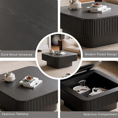 Square Small Coffee Table with Storage, Modern Wooden Coffee Table with Solid Wood Veneered, Fluted Center Table Drum Tea Table for Living Room Apartment, 31.5''L×31.5''W×14''H