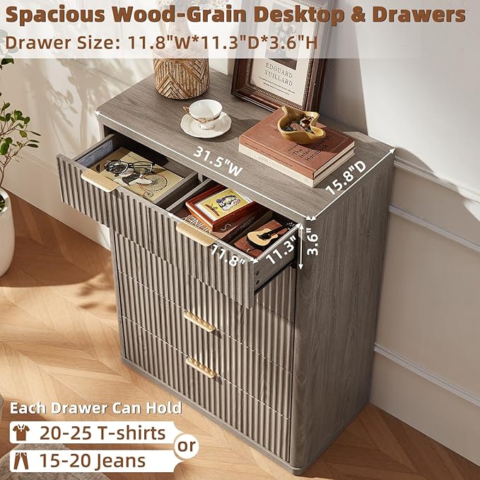 LEYAOYAO Fluted Dressers & Nightstand Set of 4, Wood 48" Wide Dresser & 42" Tall Chest of Drawers,Modern Bedroom Furniture Sets, Grey Wooden Nightstand Set of 2 with 3 Drawers & Charging Station