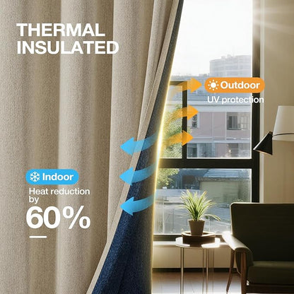 Blackout Curtains for Bedroom, Thermal Insulated Curtains 63 Inch Length Curtain 2 Panels, Soft Farmhouse Linen-Look Textured Full Light Blocking Room Darkening Drapes, W52xL63, Natural