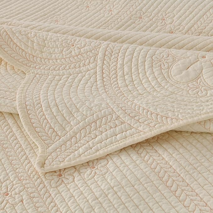 MarCielo 100% Cotton Quilt Set Lightweight Bedspread with Scalloped Edge, Farmhouse Vintage Bedding, All Season Use(Tu Beige,Queen (98"x102"))