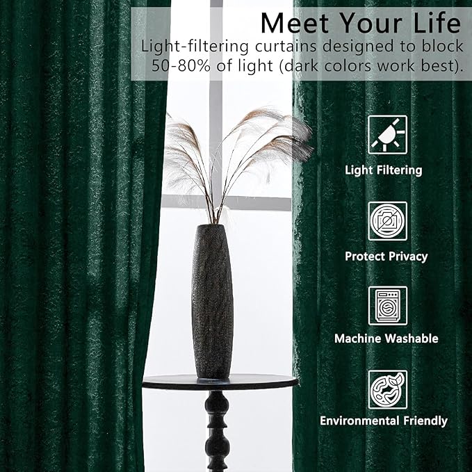 SMILETIME Forest Green Crushed Velvet Curtains 52x108 inch Luxurious Thermal Insulated Soundproof Drapes for Living Room Bedroom Office Soft and Durable Light-Filtering Window Treatments, 2 Panels