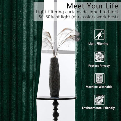 SMILETIME Forest Green Crushed Velvet Curtains 52x108 inch Luxurious Thermal Insulated Soundproof Drapes for Living Room Bedroom Office Soft and Durable Light-Filtering Window Treatments, 2 Panels