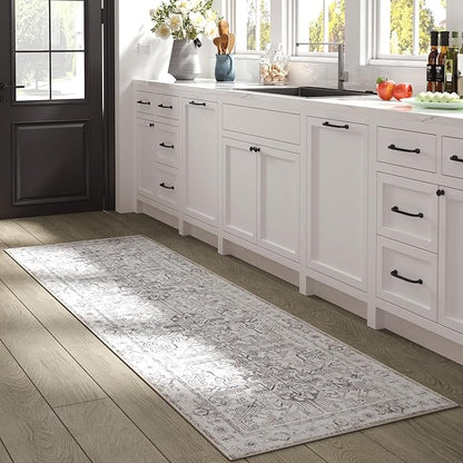 jinchan Lima Kitchen Runner Rug 2x8 - Vintage Floral Machine Washable Non-Slip Hallway Runner Rug with Rubber Backing Ultra-Thin Carpet for Bedroom Laundry Room Farmhouse (2x8ft, Taupe)