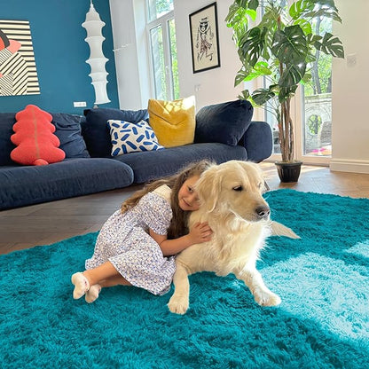 OLANLY 3x5 Machine Washable Small Bedside Rug, Soft Fluffy Shaggy Rugs for Living Room, Bedroom, Indoor Floor Carpet for Kids Girls and Boys, Preppy Dorms, Nursery, Home Decor Aesthetic, Teal