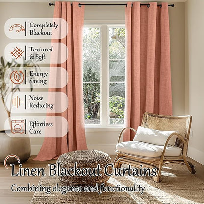 Linen Blackout Curtains 90 Inch Long, Terracotta Extra Long Curtains for Bedroom Living Room Modern Farmhouse, Thermal Light Blocking Faux Linen Energy Save Drapes Each 52x90 Inch 2 Panels