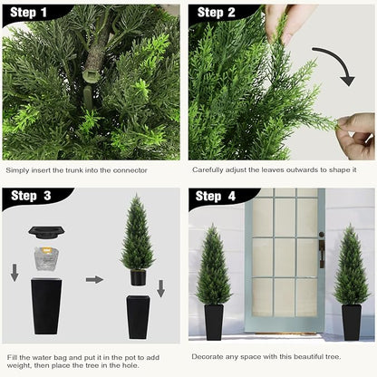 5FT Tall 2 Set Artificial Topiary Cedar Tree, Indoor Realistic Faux Cypress Plants with Square Flowerpot, Outdoor Evergreen Fake Shrubs for Home Living Room Front Porch Decor