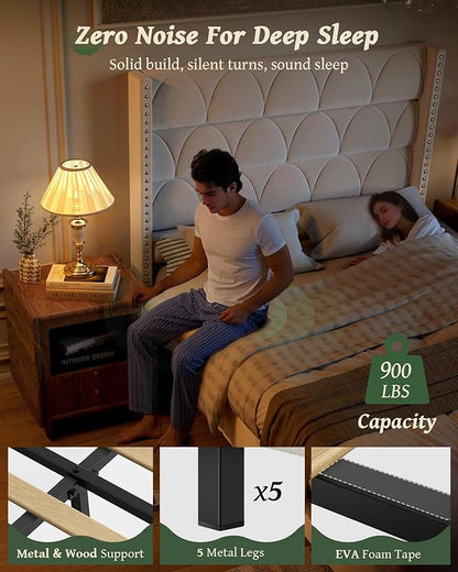 Queen Size Bed Frame with 56" Headboard - Velvet Upholstered Wingback Platform Bed Frame, Noise Free, Sturdy Wooden Slat Support (Cream, Queen)