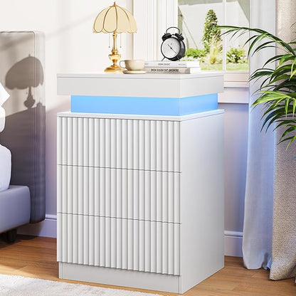 Nightstand with Charging Station & LED Lights, Modern Small Fluted Bedside & End Table with 3 Drawers, Sliding Top & Hidden Storage, Wooden Farmhouse Night Stand for Bedroom Office Sofa, White