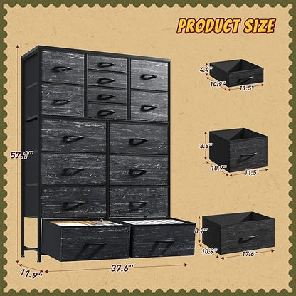 57“H Dresser for Bedroom with Drawers, Fabric Dressers & Chests of Drawers, Large Black Dresser with Sturdy Metal Frame, Wood Top,Entryway, Hallway