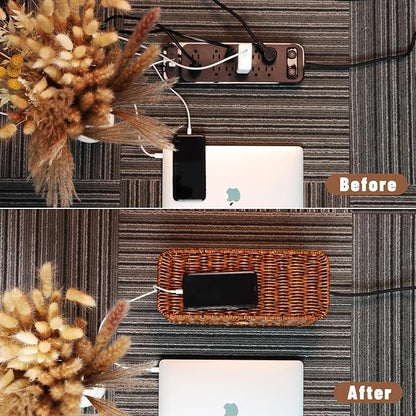 BROWNLILY Cable Management Box, Rattan Style Cord Organizer for Desk Cord Hider Outlet Covers Baby Proofing for Power Strip TV PC Router Charger Under Desk Storage with Lockable Lid and Cable Ties