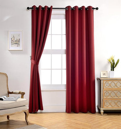MIUCO Room Darkening Grommet Blackout Window Curtains Panels for Bedroom Set of 2 52x84 Inch Burgundy, Bonus 2 Tie Backs Included