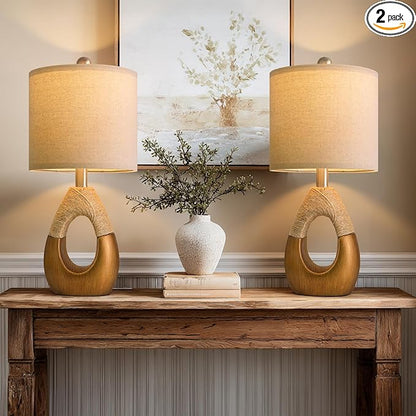 OYEARS 19" Table Lamps Set of 2, Boho Lamps for Living Room, Rustic Bedside Lamps for Bedroom, Farmhouse Rattan Table Lamp, Small Space Nightstand Lamp for Home Office (Bulb Not Included, Gold)