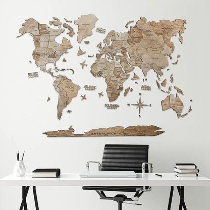 Handmade 3D Wood World Map Wall Art Large Wall Decor Track Your World Travels - Special for Home, Kitchen and Office (Large, Terra)