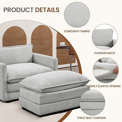 ROWHY Single Armchair with Ottoman, Modern Corduroy Cloud Couch with Convertible Chaise, Upholstered Sofa Set for Living Room, Light Grey