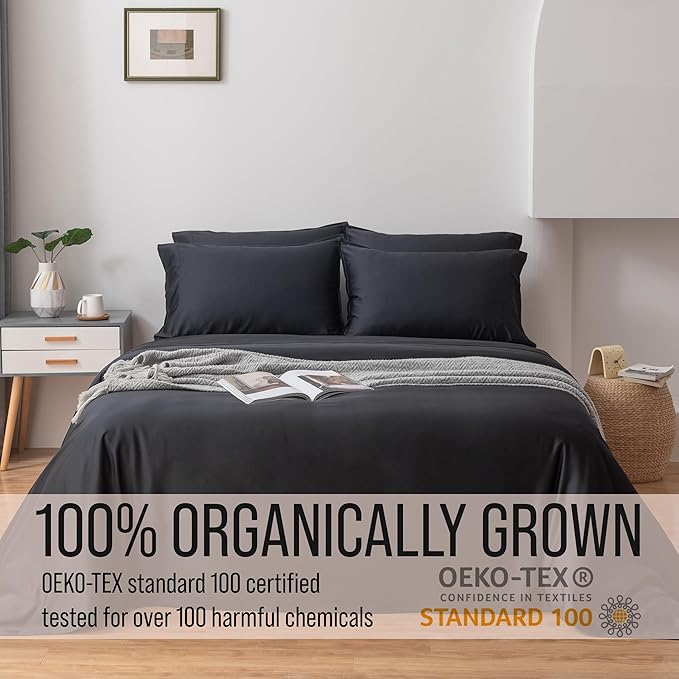 Bella Coterie 6 Piece Luxury Bamboo Viscose California King Size Sheet Set | 100% Organically Grown | Cooling for Hot Sleepers | 18" Deep Pocket | Soft & Hypoallergenic | 4 Pillowcases [Black]