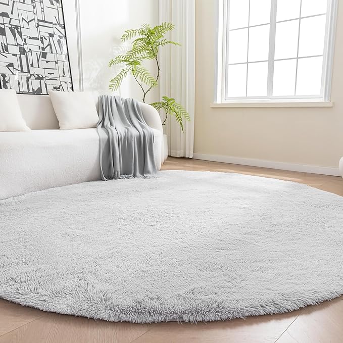 Amazon Basics Fluffy Washable Round Area Rug, Circle Shaggy Carpet for Living Room, Bedroom, Nursery, 6'R, Gray