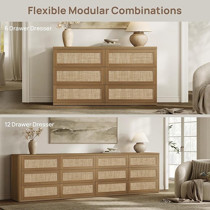 SICOTAS Dresser for Bedroom - 31" Tall Rattan Dresser with 3 Drawers Boho Dressers & Chests of Drawers Dressers for Bedroom Deep Bedside Table Clothes Closet Storage for Closet Hallway Entryway