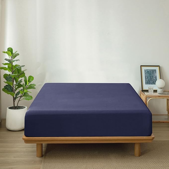 MooMee Fitted Bottom Sheet Only 100% Washed Cotton Linen Like Textured Breathable Durable Soft Comfy Deep Pocket Fits Mattress up to 17" (Dark Blue, Twin)