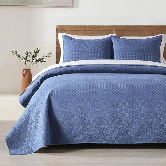HORIMOTE HOME Denim Blue Queen Size Quilt Set - Soft Microfiber Bedspread with 2 Shams, Lightweight & All-Season Geometric Coverlet for Cozy Bedding