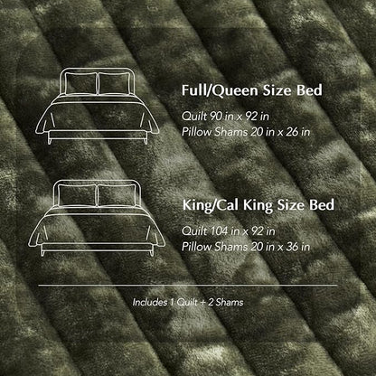 EVERGRACE Velvet Quilt Set Queen Size, Luxurious Soft Striped Channel Bedding Set, Lightweight Velvet Comforter for All Season, Quilted Bedspread Coverlet with 2 Matching Shams, Olive Green