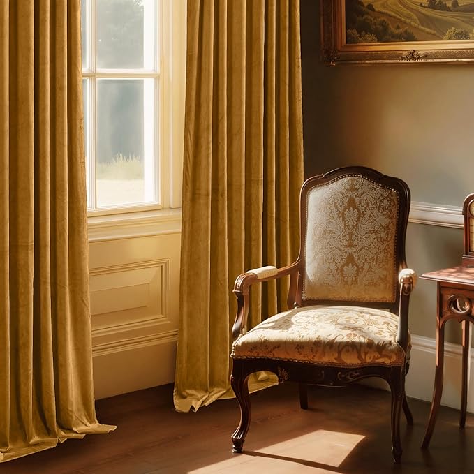 StangH Mustard Gold Velvet Curtains 92 inches Stylish Room Darkening Drapes for Living Room, Soft Thermal Insulated Curtains for Bedroom, Vibrant Home Decor, W52 x L92, 2 Panels