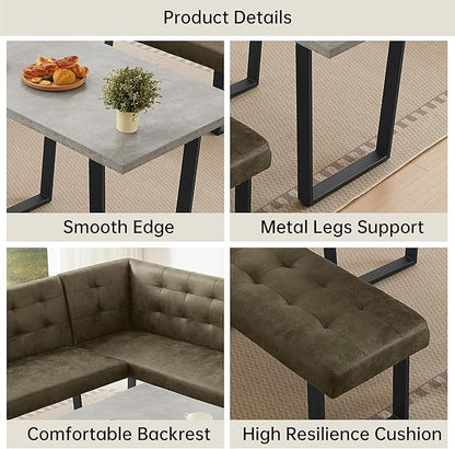 3-Piece Corner Dining Table Set with Bench, 70 Inch Space-Saving Breakfast Nook for Kitchen & Dining Room(Grey Table+Left Seat Brown Chairs)