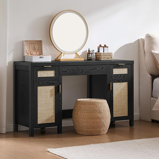 SICOTAS Rattan Vanity Home Office Desk - 52" Large Farmhouse Boho Makeup Vanity Dressing Table with 3 Drawers & 2 Storage Cabinets, Vanities Desk for Makeup Room, Bedroom, Home Office, Black Oak
