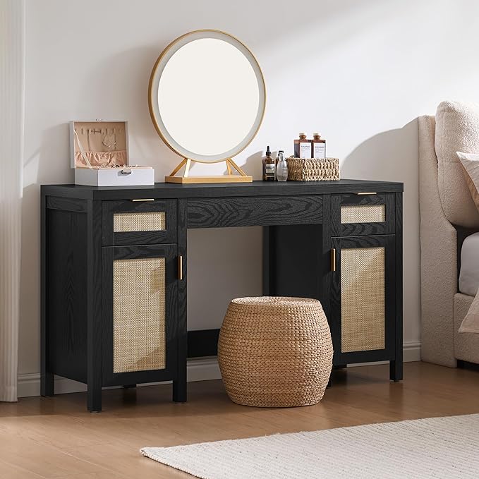 SICOTAS 2 Pieces Rattan Vanity Home Office Desk - Big Boho Makeup Vanities Benches with Drawers & Storage Cabinets, Dressing Vanity Table for Makeup Room, Bedroom, Home Office, Black Oak