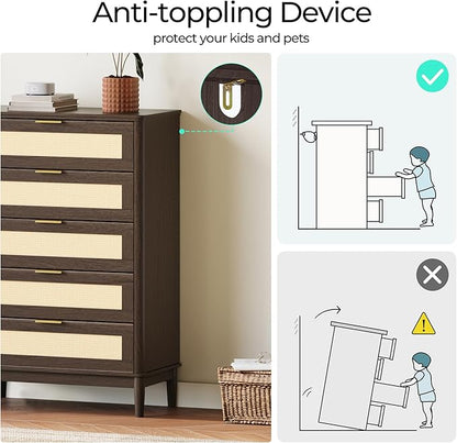 LINSY Rattan 5 Drawer Dresser for Bedroom, 46" Tall Mid-Century Modern Chest of Drawers, Deep Storage Dresser with Curved Corner Design, Large Accent Wood Cabinet for Bedroom, Walnut