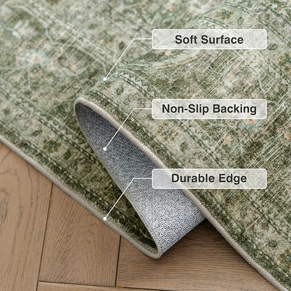 FMFUNCTEX 6x9 Washable Area Rug Green Vintage Neutral Distressed Large Non Slip Carpet for Living Room Bedroom Soft Low Pile Indoor Mat Retro Throw Rug for Dining Room Kitchen Office Nursery