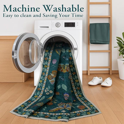 Lahome Insect Washable Round Rugs, Non-Slip Soft Round Rug 4ft Ultra-Thin, Small Boho Circle Carpet for Entryway Kitchen Bedroom Nursery Bathroom, Dark Green