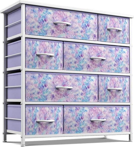 Sorbus Dresser with 8 Drawers - Furniture Storage Chest for Kid’s, Teens, Bedroom, Nursery, Playroom, Clothes, Toys - Steel Frame, Wood Top, Fabric Bins (Tie-dye Purple)
