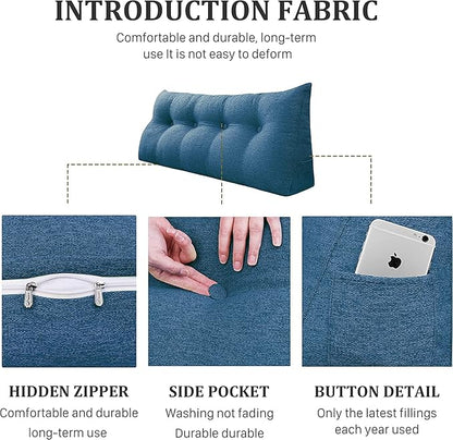 homecozy Wedge Headboard Pillow Dorm Room Reading Pillow Back Support for Sitting Up in Bed Bolster Lumbar Cushion Body Positioning Bedrest Cotton Linen 59in Blue Queen