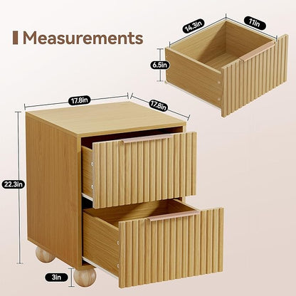 Fluted Nightstand Set of 2, Natural Oak Finish Bedside Table with Spacious Storage Drawers, Night Stand with Solid Wood Round Legs for Bedroom, End Table, Side Table