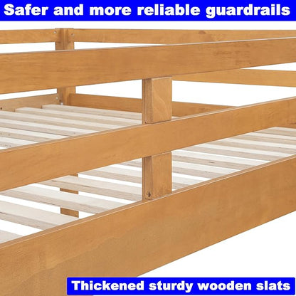 Upgraded Version Thicken Solid Wood Queen Over Queen Bunk Bed with Twin XL Size Trundle, Best Wooden Bunk Bed for Adults, Easy to Assemble (Wood Color with Trundle)