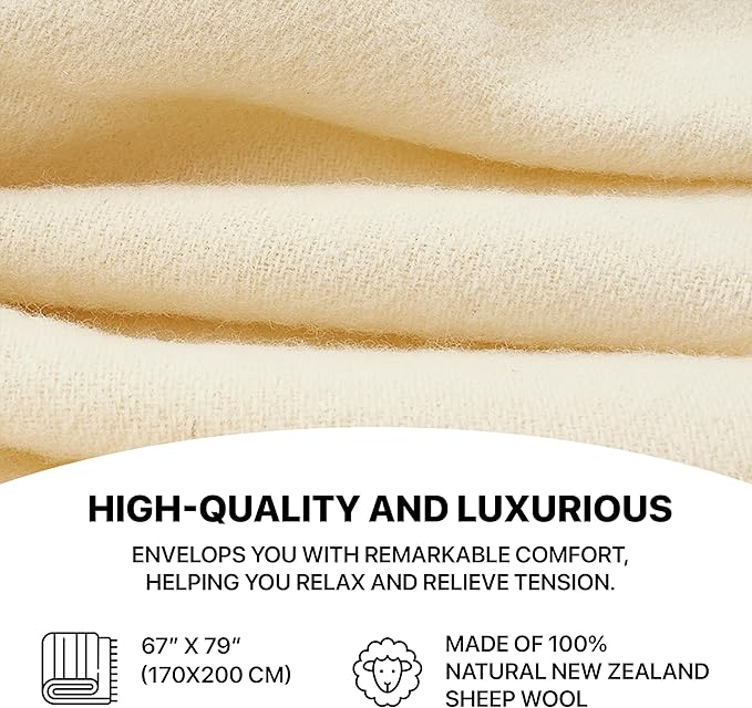 | Wool Blanket/Throw | 100% New Zealand Wool | Perfect for Home and Outdoors | Virgin Wool Throw with Fringes 67"x79" (170 x 200 cm)